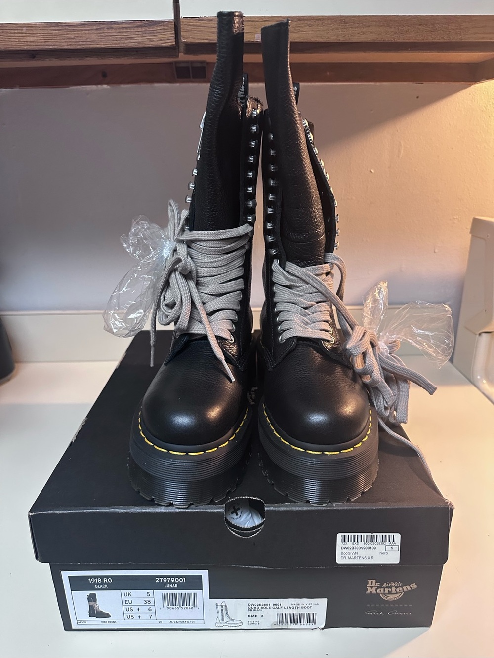 Dr. Martens Black Leather Platform Lace-Up Boots with Yellow Stitching - Picture 4 of 8